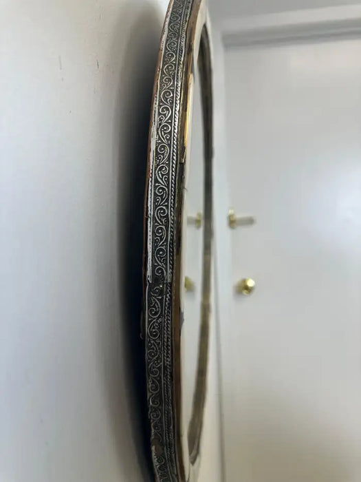 Art Deco Style Handmade White & Black with Brass Inlay Round Mirror, a Pair