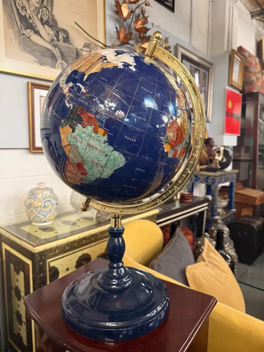 20th Century Lapis Blue Gemstone World Globe with Gilt Meridian Stand