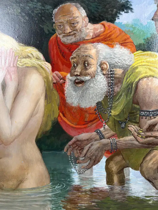 Mythological or Allegorical Scene w Bathing Female Figure Oil on Canvas, Framed 1980's