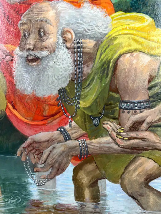 Mythological or Allegorical Scene w Bathing Female Figure Oil on Canvas, Framed 1980's