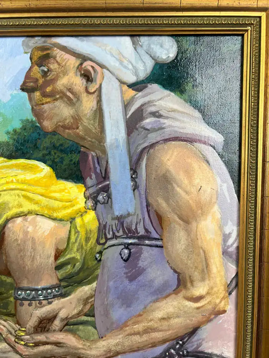 Mythological or Allegorical Scene w Bathing Female Figure Oil on Canvas, Framed 1980's