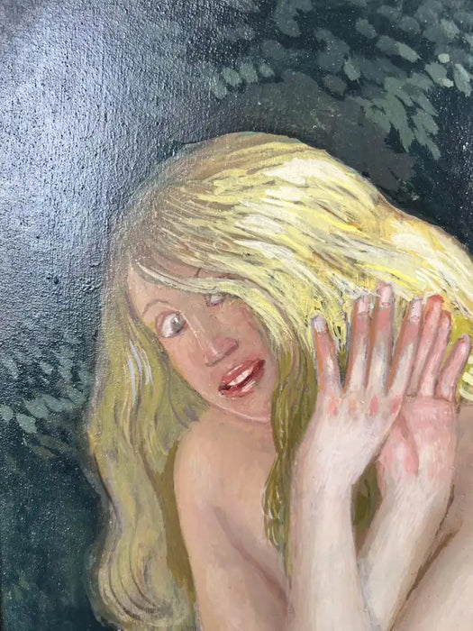 Mythological or Allegorical Scene w Bathing Female Figure Oil on Canvas, Framed 1980's