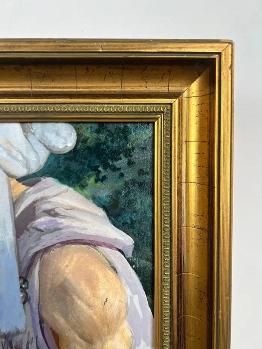 Mythological or Allegorical Scene w Bathing Female Figure Oil on Canvas, Framed 1980's