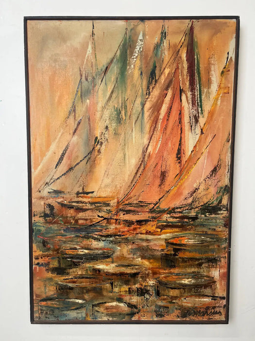 Alice Marcus " Seascape with Sailboats" Oil on Canvas Painting, Framed 1950's