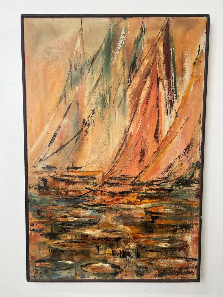 Alice Marcus " Seascape with Sailboats" Oil on Canvas Painting, Framed 1950's