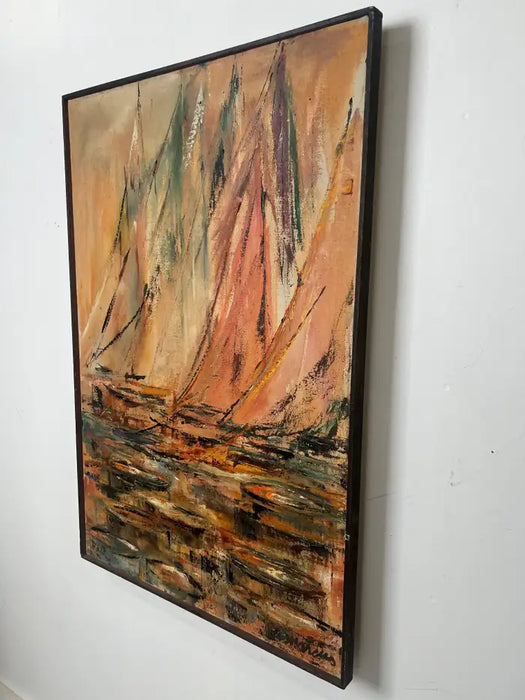 Alice Marcus " Seascape with Sailboats" Oil on Canvas Painting, Framed 1950's