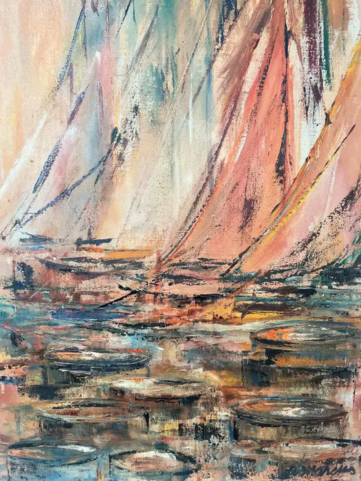 Alice Marcus " Seascape with Sailboats" Oil on Canvas Painting, Framed 1950's