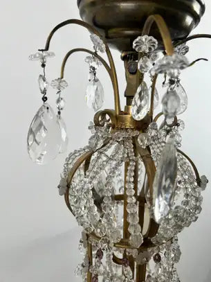Vintage French Empire Style Gilt Bronze & Tiered Crystal & Beads Chandelier