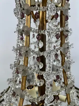 Vintage French Empire Style Gilt Bronze & Tiered Crystal & Beads Chandelier