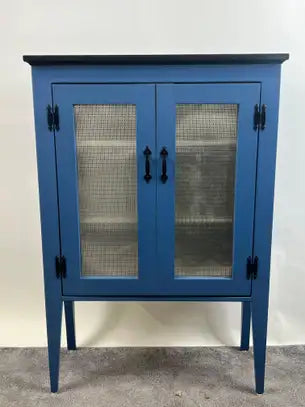 Modern Farmhouse Blue Solid Pin with Silver-Tone Mesh Doors Server or Cabinet