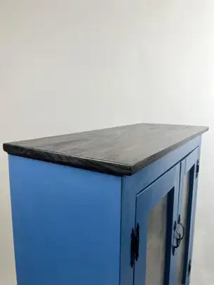 Modern Farmhouse Blue Solid Pin with Silver-Tone Mesh Doors Server or Cabinet