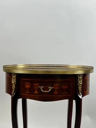 French Baroque Revival Style Oval Marquetry Side or End Table with Ormolu Accent