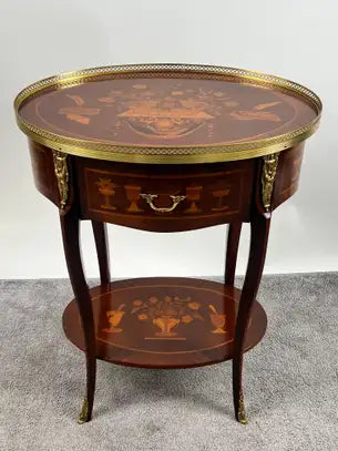 French Baroque Revival Style Oval Marquetry Side or End Table with Ormolu Accent