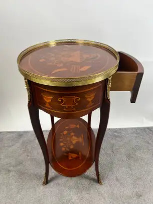 French Baroque Revival Style Oval Marquetry Side or End Table with Ormolu Accent