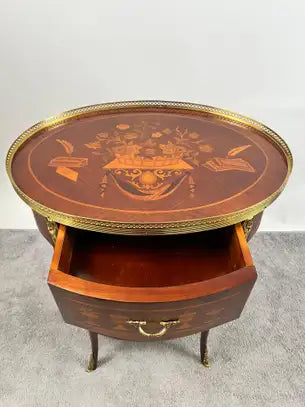 French Baroque Revival Style Oval Marquetry Side or End Table with Ormolu Accent