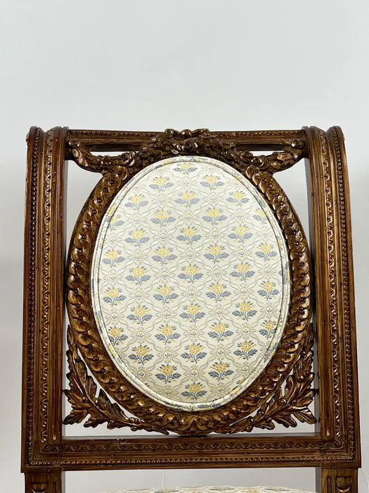 Vintage French Louis XVI Style Oak Side Chairs, Carved Cameo Back, Pair