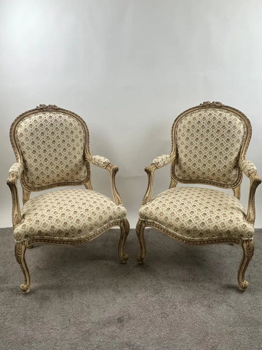 French Louis XV Style Bergère Armchair, Painted Frame, Floral Embroidery, a Pair