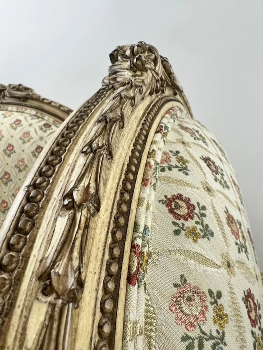 French Louis XV Style Bergère Armchair, Painted Frame, Floral Embroidery, a Pair