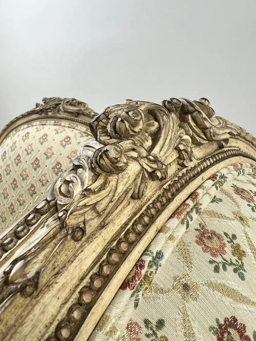 French Louis XV Style Bergère Armchair, Painted Frame, Floral Embroidery, a Pair