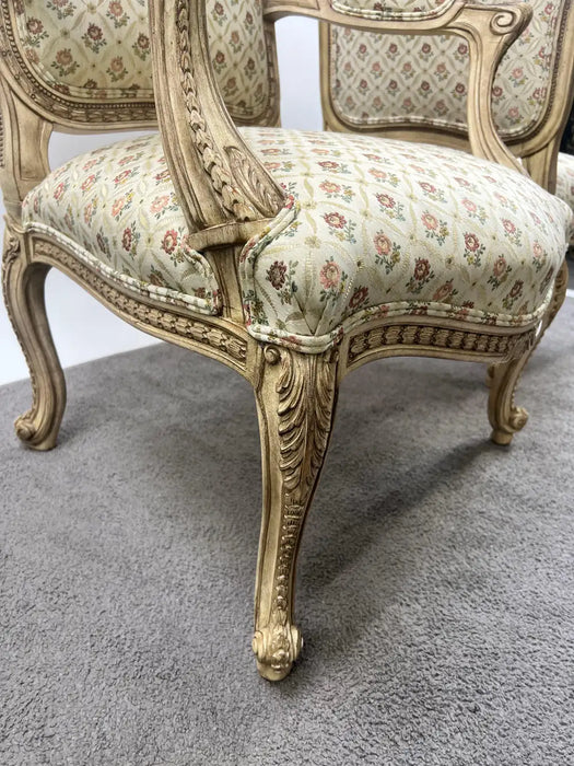 French Louis XV Style Bergère Armchair, Painted Frame, Floral Embroidery, a Pair