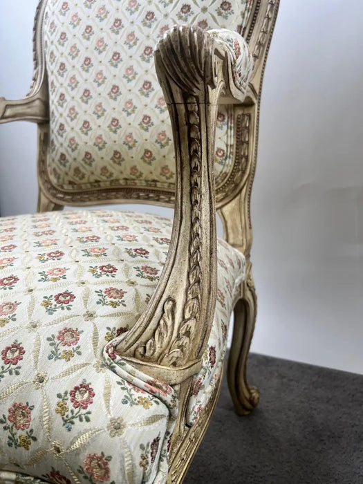 French Louis XV Style Bergère Armchair, Painted Frame, Floral Embroidery, a Pair