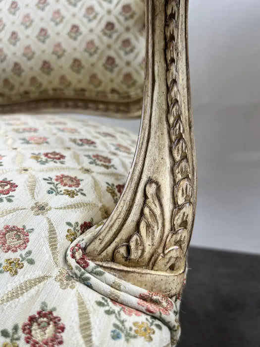French Louis XV Style Bergère Armchair, Painted Frame, Floral Embroidery, a Pair
