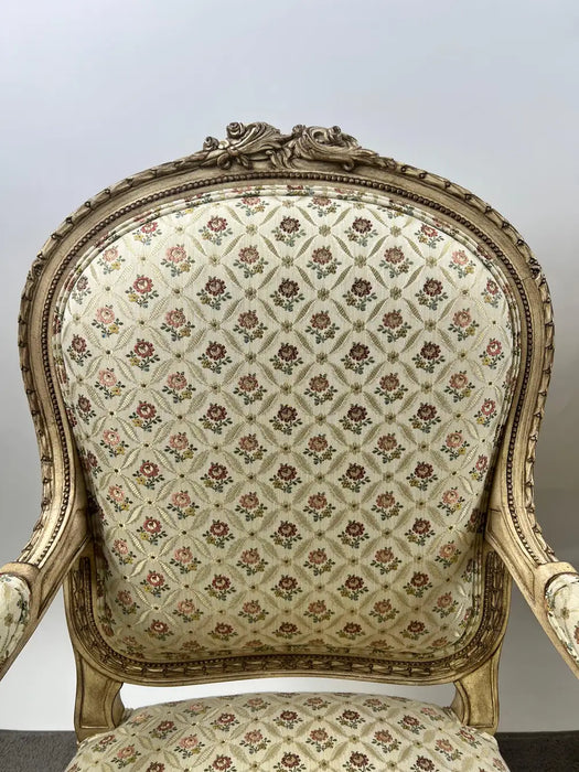 French Louis XV Style Bergère Armchair, Painted Frame, Floral Embroidery, a Pair