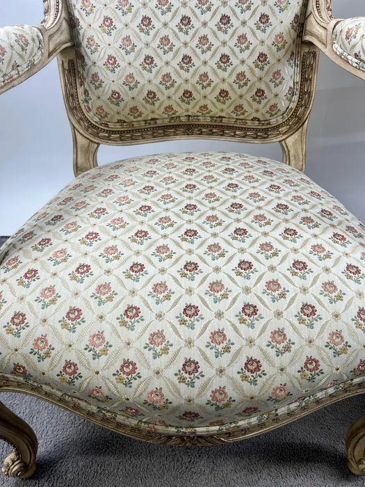 French Louis XV Style Bergère Armchair, Painted Frame, Floral Embroidery, a Pair