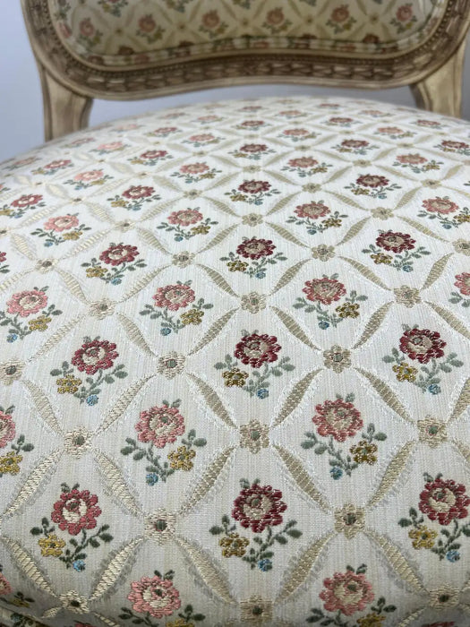 French Louis XV Style Bergère Armchair, Painted Frame, Floral Embroidery, a Pair