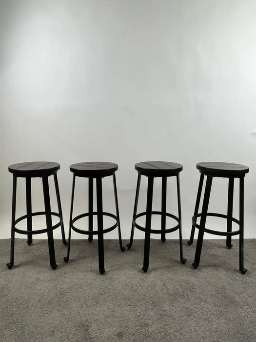 Vintage Industrial Style Round Wood Top Bar Stools w Black Iron Legs, Set of 4