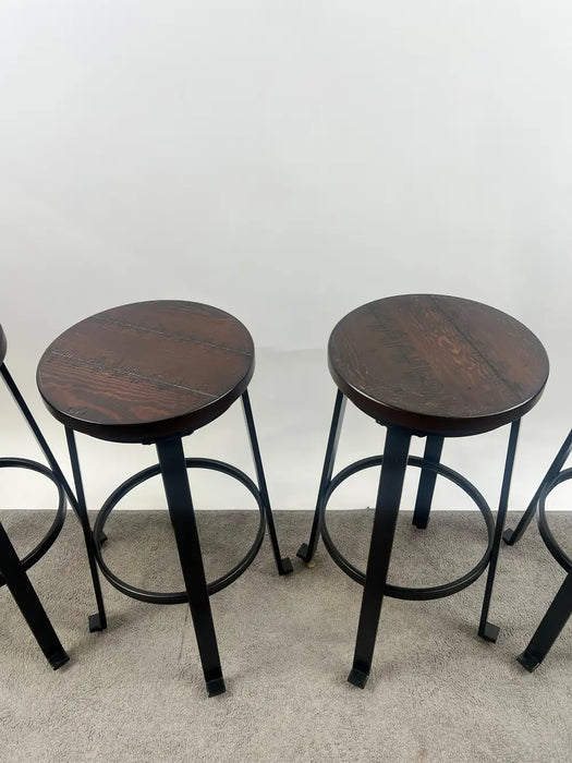 Vintage Industrial Style Round Wood Top Bar Stools w Black Iron Legs, Set of 4