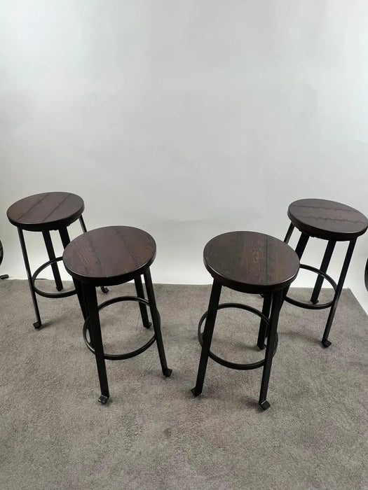 Vintage Industrial Style Round Wood Top Bar Stools w Black Iron Legs, Set of 4