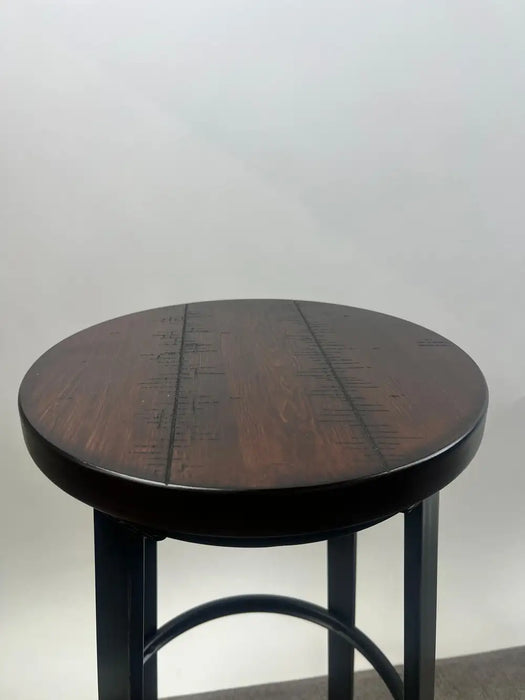 Vintage Industrial Style Round Wood Top Bar Stools w Black Iron Legs, Set of 4