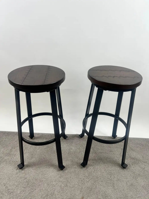 Vintage Industrial Style Round Wood Top Bar Stools w Black Iron Legs, Set of 4