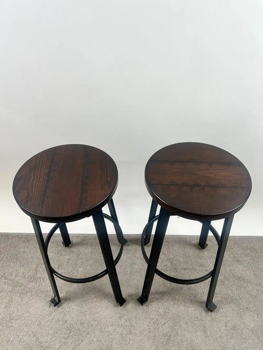 Vintage Industrial Style Round Wood Top Bar Stools w Black Iron Legs, Set of 4