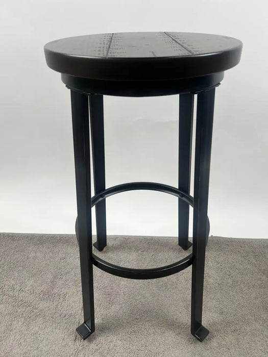 Vintage Industrial Style Round Wood Top Bar Stools w Black Iron Legs, Set of 4