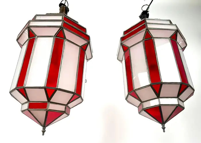 Art Deco Style White Milk and Red Glass Pendant, Lantern or Chandelier, a Pair
