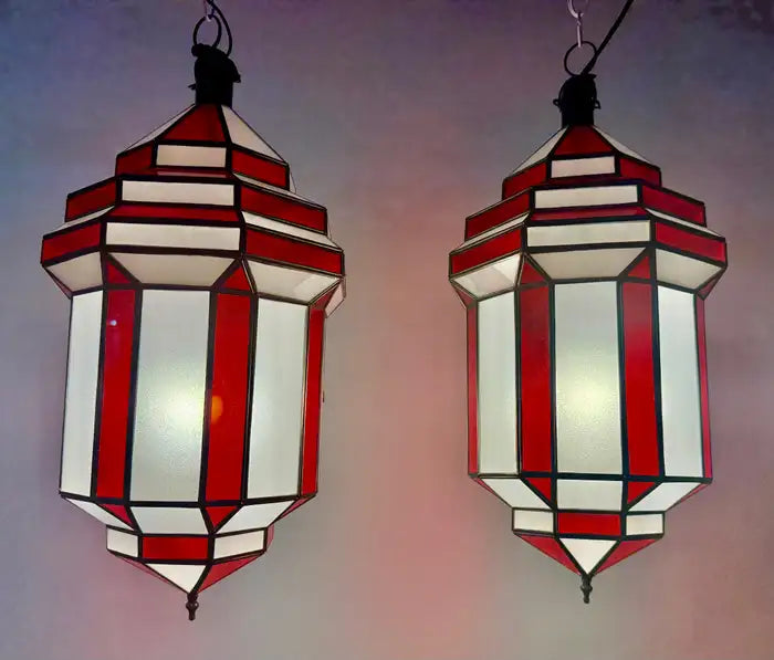 Art Deco Style White Milk and Red Glass Pendant, Lantern or Chandelier, a Pair