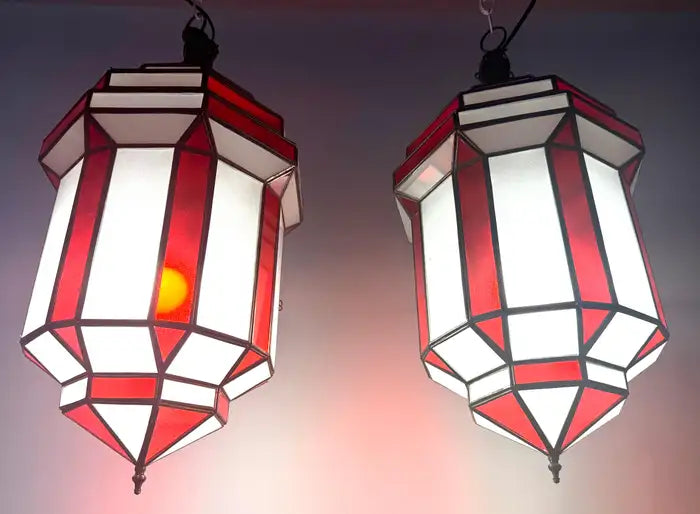Art Deco Style White Milk and Red Glass Pendant, Lantern or Chandelier, a Pair