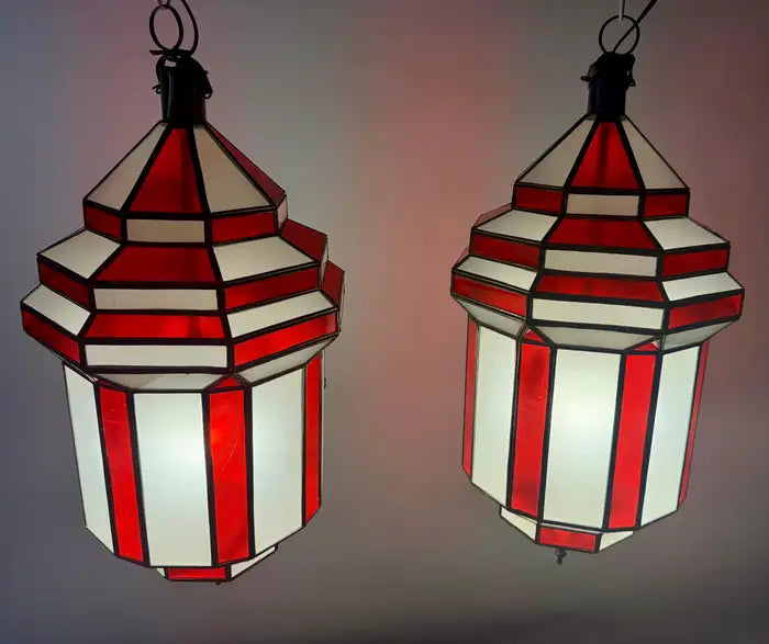 Art Deco Style White Milk and Red Glass Pendant, Lantern or Chandelier, a Pair