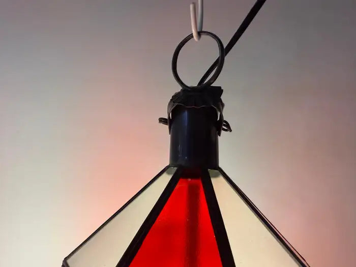Art Deco Style White Milk and Red Glass Pendant, Lantern or Chandelier, a Pair