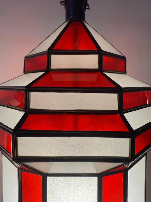 Art Deco Style White Milk and Red Glass Pendant, Lantern or Chandelier, a Pair
