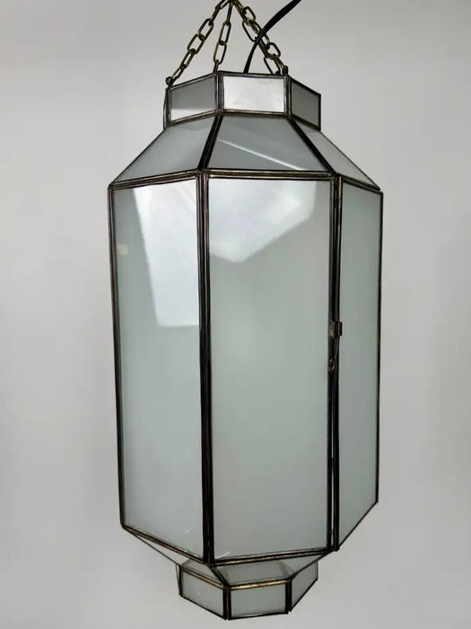 Art Deco Style Frosted White Milk Glass & Bronze Octagonal Pendant, a Pair