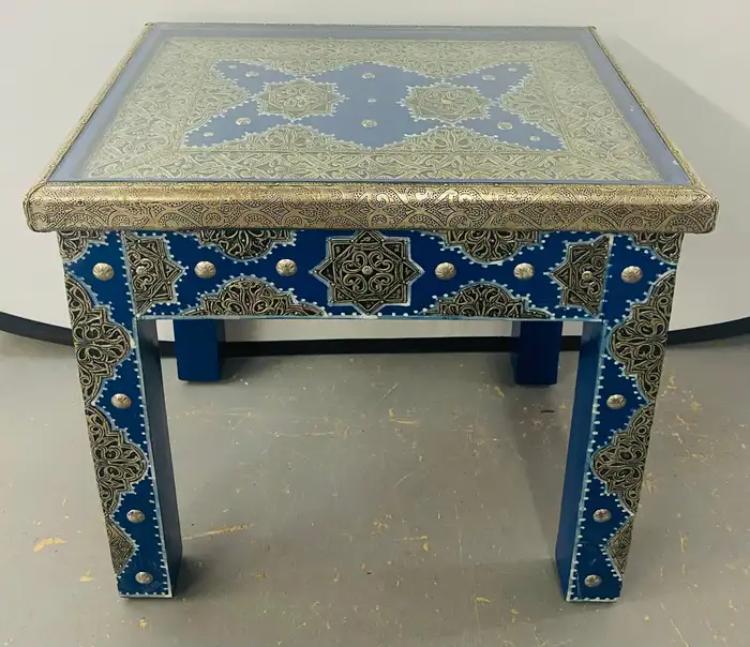 Boho Chic Style Moroccan Blue & Silver Rectangular Side or End Table, Pair
