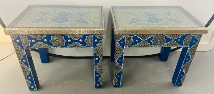 Boho Chic Style Moroccan Blue & Silver Rectangular Side or End Table, Pair