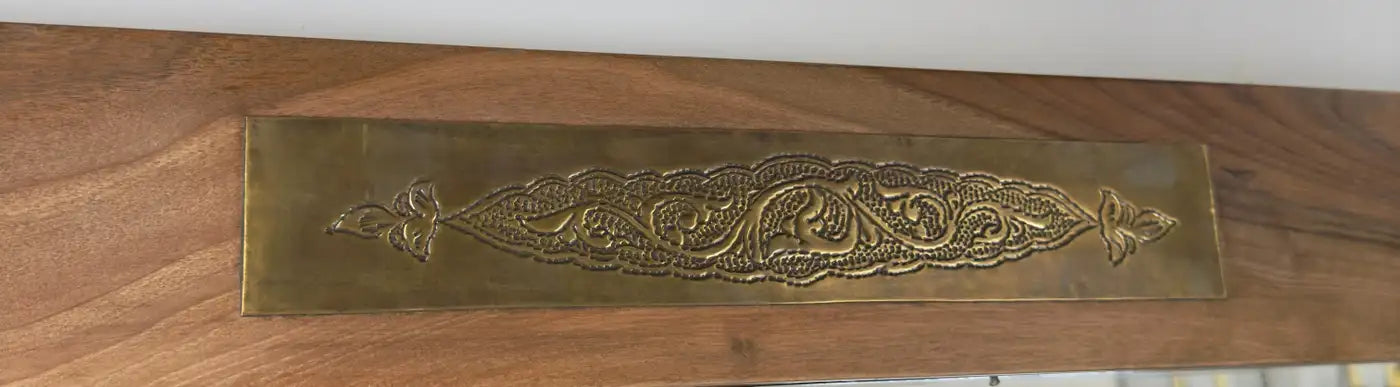 Organic Modern Style Walnut & Brass Filigree Design Wall or Console Mirror