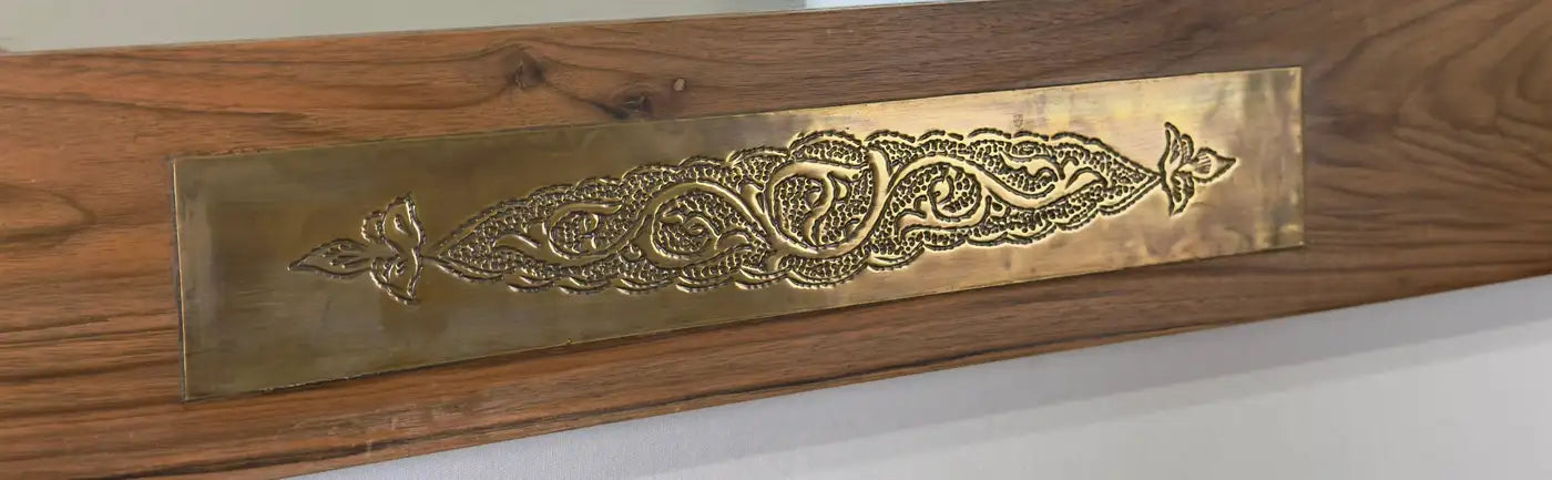 Organic Modern Style Walnut & Brass Filigree Design Wall or Console Mirror