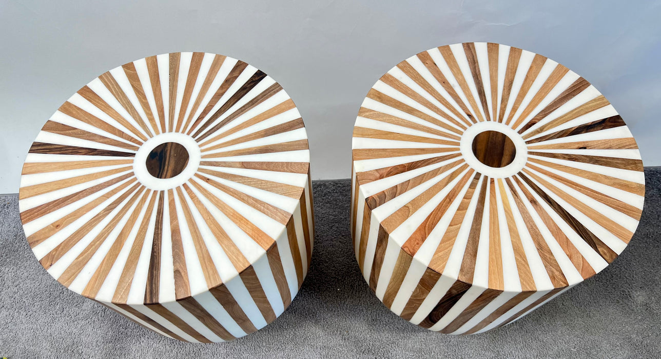 Art Deco Style Brown & White Cylindrical Walnut Resin End Table or Stool, a Pair