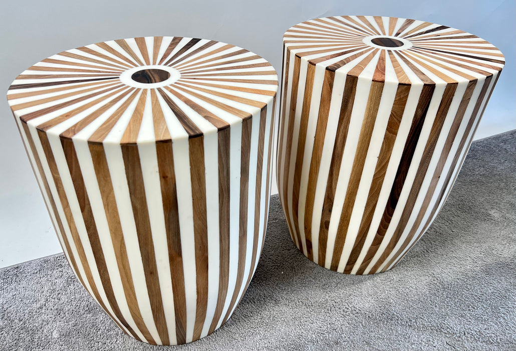 Art Deco Style Brown & White Cylindrical Walnut Resin End Table or Stool, a Pair