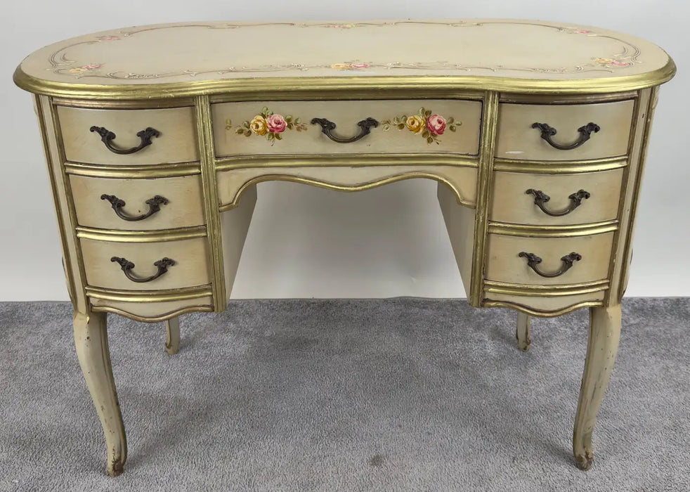 French Provincial Style Kidney Shaped Lady Writing or Vanity Desk with Ottoman